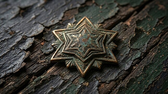 Weathered antique bronze star medallion resting on deeply cracked and peeling dark painted wood, rich metallic patina catching warm light