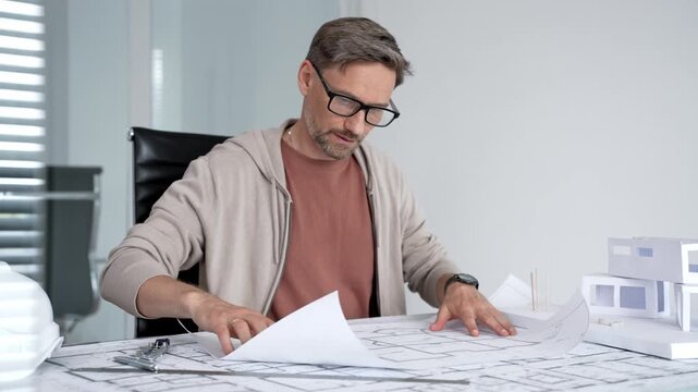 Male architect or engineer working on construction plans and architectural blueprints, reviewing design details and project documentation at office desk, developing new building solutions