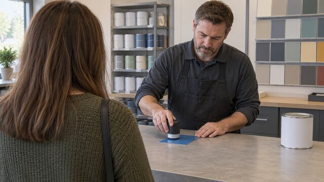 Customer watches a paint specialist measure a dry blue reference square with a contact colour scanner in an over shoulder view across the service counter