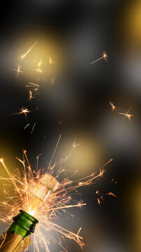 fireworks from a champagne bottle with popping cork isolated on festive background with copy space, cheerful social media party background