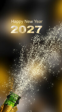 happy new year 2027 text isolated on abstract festive background with the popping of champane cork and fizzing champagne, social media format for new years eve party greetings
