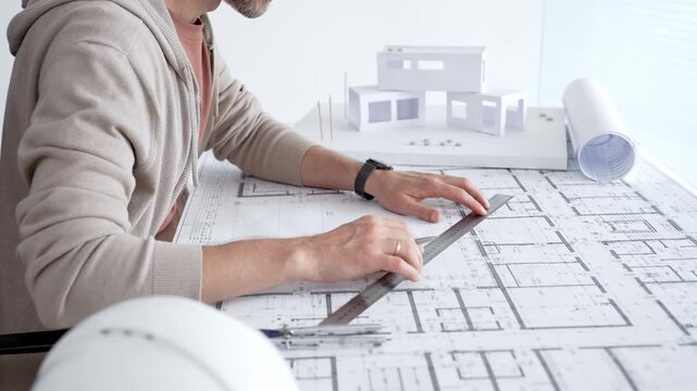 Professional architect's hands study detailed blueprints and building plans on a drafting table, with a 3d house model nearby, focusing on residential design and engineering decisions