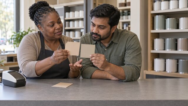 Specialist holding a dry beige swatch beside a customer's original reference square while explaining the tonal difference during a paint store colour consultation