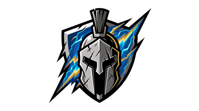 Spartan Warrior Helmet Mascot Logo with Lightning Shield, Battle-Worn Ancient Greek Soldier Armor Illustration on White Background for Gaming and Sports Branding