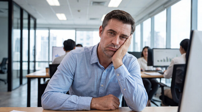 Tired man sitting at office desk with hand on face, surrounded by coworkers and computer monitors in a bright modern open plan workplace