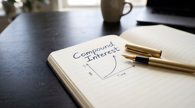 Compound interest handwritten in notebook with exponential growth curve graph and gold fountain pen, money growing over time, investing returns and long term savings concept