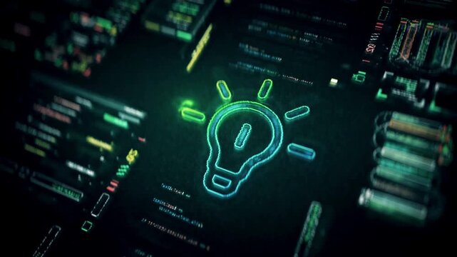 Glowing light bulb icon on a futuristic digital dashboard screen symbolizing innovation and bright ideas