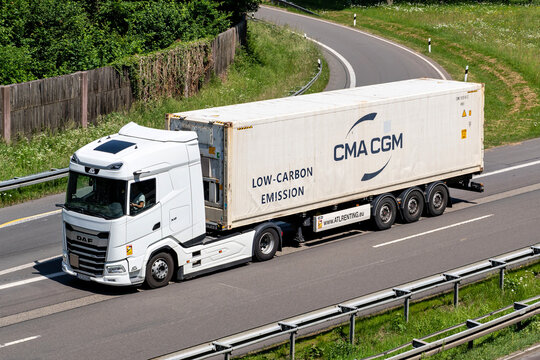 Wiehl, Germany - May 27, 2026: DAF XG truck with CMA CGM container on motorway