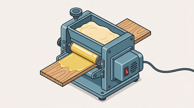 Compact isometric illustration of a tabletop glue spreader machine applying adhesive evenly onto a wooden board using a cylindrical roller system.