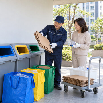 Apartment resident learning proper recycling from a worker