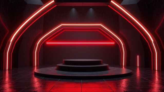 Dark stage features circular platforms illuminated by vibrant red neon lights. Dramatic lighting creates futuristic ambiance.