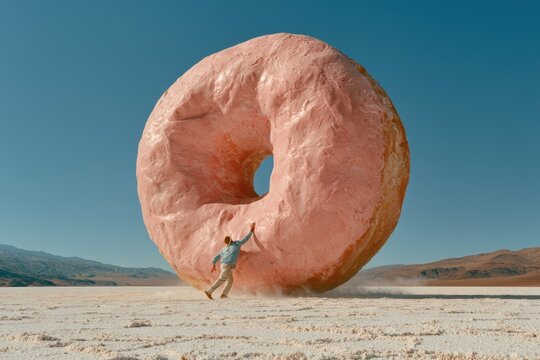 Man pushing an enormous donut creating a surreal scene in a vast, arid landscape