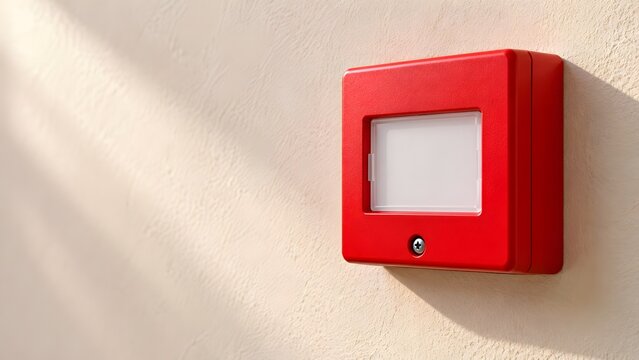 Close-up of a red manual fire alarm call point mounted on a textured wall illuminated by natural sunlight.