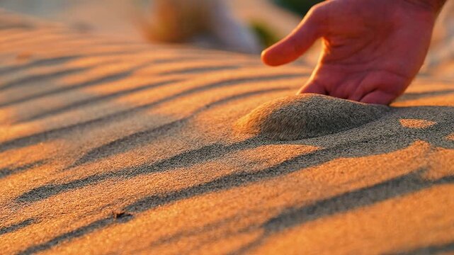 Slow motion footage of a man scooping up a handful of sand and releasing it from his palm as the wind carries the grains through the air.