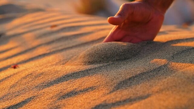 Slow motion footage of a man scooping up a handful of sand and releasing it from his palm as the wind carries the grains through the air.