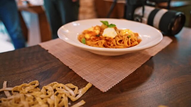Homemade fettuccine pasta and carefully arranged ingredients showcase the rich textures and authentic artistry of traditional Italian cuisine.