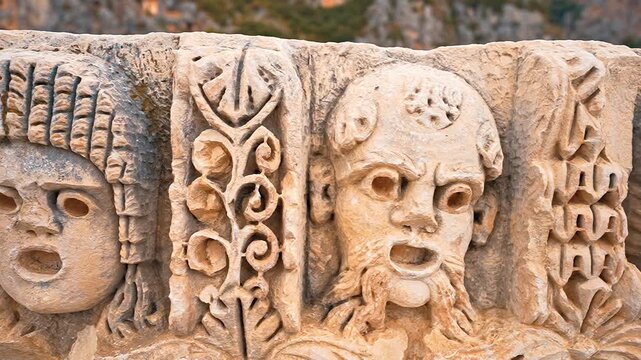 Myra Ancient City in Demre, Antalya, Turkiye, reveals detailed stone faces in a smooth camera movement from left to right.