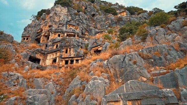 Myra Ancient City in Antalya, Turkiye, showcases magnificent rock tombs carved into towering cliffs, reflecting the timeless legacy of Lycian civilization.