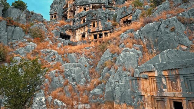 Myra Ancient City in Antalya, Turkiye, showcases magnificent rock tombs carved into towering cliffs, reflecting the timeless legacy of Lycian civilization.