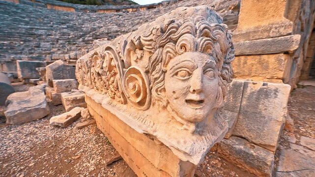 Myra in Antalya, Turkiye showcases intricate close-up details of ancient carved face masks and majestic stone relief ruins.