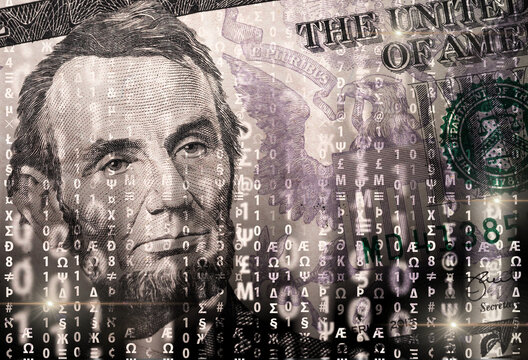 US dollar banknotes dissolving into binary code as a concept of digital currency transformation and financial cyber crime.