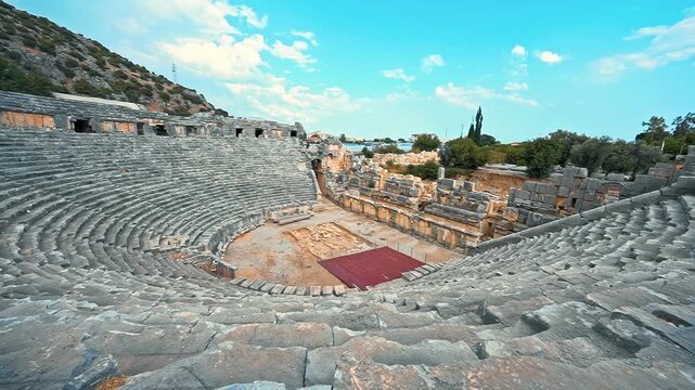 Myra Ancient Theatre in Demre, Antalya, Turkiye, unveils the grandeur of Roman architecture as the camera moves smoothly from right to left.