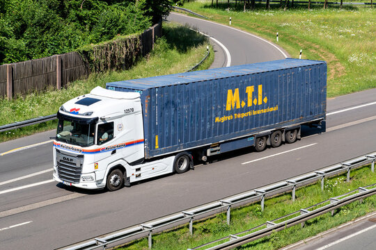 Wiehl, Germany - May 27, 2026: Heisterkamp DAF XG truck with MTI container on motorway