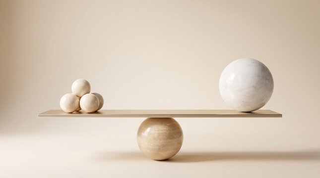 Minimalist concept of perfect balance and equality showing small spheres weighing equally against one large marble sphere on a smooth seesaw fulcrum