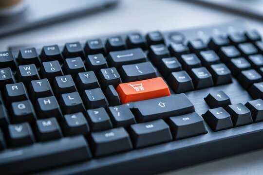 Computer keyboard featuring orange shopping cart button on key for retail e-commerce sales and holiday online shopping event.