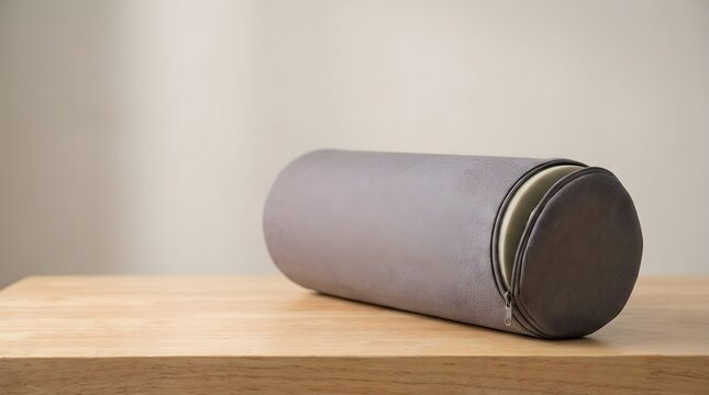 Gray cylindrical bolster with a partly unzipped cover