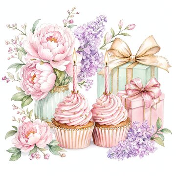 Pink Swirled Frosting Cupcakes With Plain Candles Side by Side