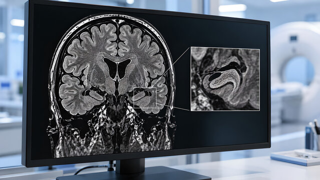 Brain MRI epilepsy radiology concept with subtle temporal lobe focus in a modern hospital setting and soft blue clinical light for neurology websites, medical education and patient awareness materials