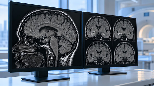 Brain MRI epilepsy radiology concept with subtle temporal lobe focus in a modern hospital setting and soft blue clinical light for neurology websites, medical education and patient awareness materials