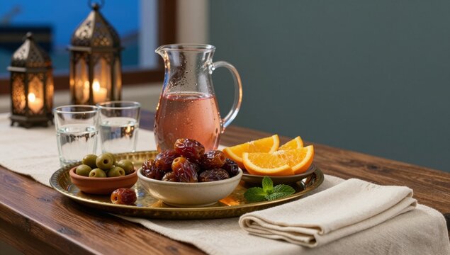 Iftar table with dates, olives, orange slices and glowing lanterns at dusk