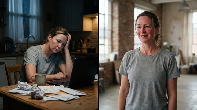 Woman transforming from stressed work fatigue to calm emotional reset wellness in split comparative view showing emotional release contrast for corporate mental health concept.