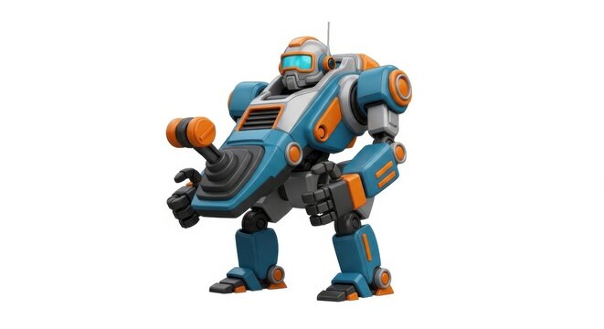 Blue and orange mechanical robot with a joystick-like arm, standing on a white background, 3d character model for gaming, industrial machine style