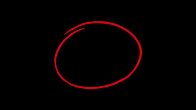Red circle highlight marker animation. Hand drawing oval ring emphasis doodle callout isolated on a black background