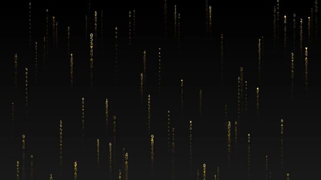 Glowing golden digital matrix code numbers falling on dark background cyber loop animation