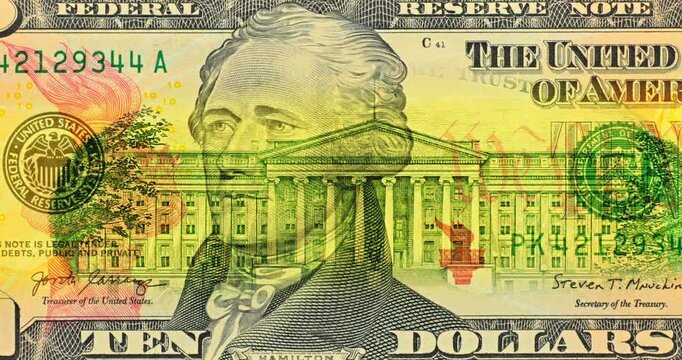American Banknote with Hamilton Portrait and Green Scan. Green scanner light crosses Alexander Hamilton portrait on ten dollar bill. 