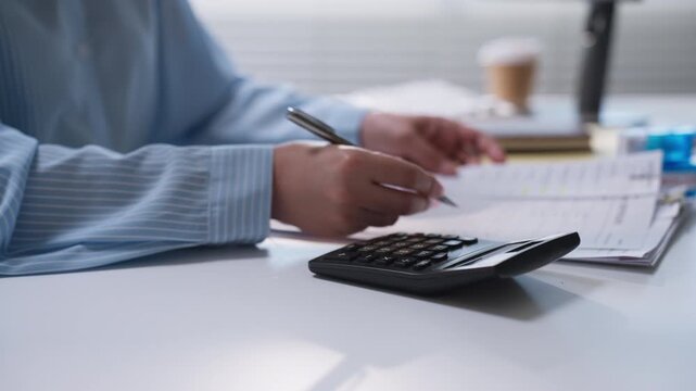 Office worker pressing buttons on a calculator while reviewing financial paperwork, illustrating business expense calculations, accounting accuracy, bookkeeping, and office financial administration.