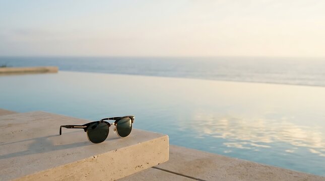 Stylish dark sunglasses lying on a marble poolside ledge beside a calm infinity pool overlooking the ocean during a warm sunset