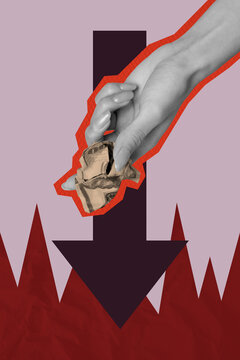 Sketch image art 3d banner collage of hand hold crumpled paper arrow decline economic collapse recession problem inflation