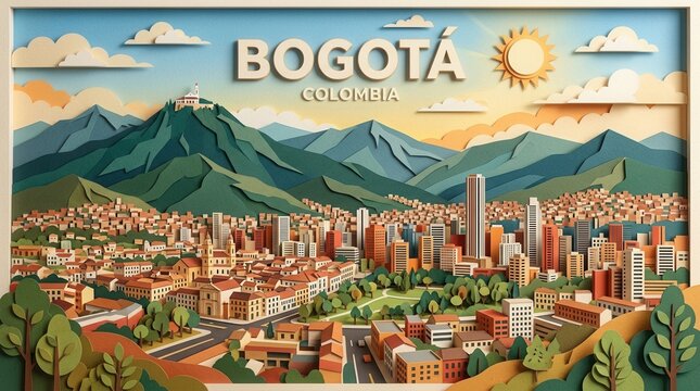 Fresh and Bright Landscape View of Bogota City in Textured Paper art illustration