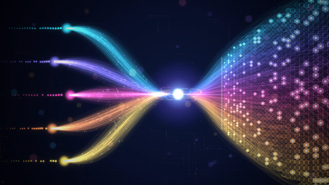 Big data integration and artificial intelligence processing with information streams converging for analytics, digital transformation and machine learning technology