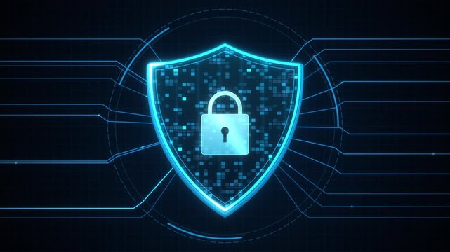 Digital network security with a glowing shield and padlock.