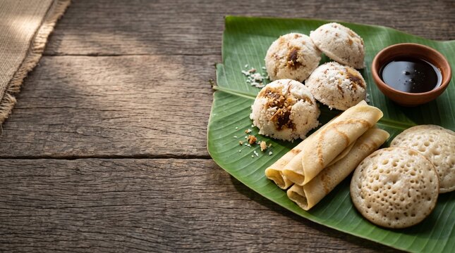Traditional Bengali Pitha Rice Cakes on Banana Leaf with Jaggery, Copy Space