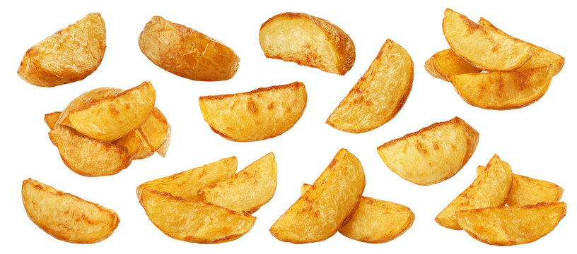 fried Potato wedges, isolated on white background, clipping path, full depth of field