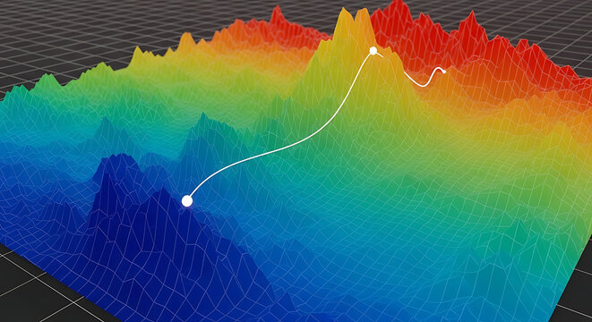 A colorful 3d surface map with a white path line plotted across the terrain