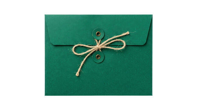 Green paper envelope with a rustic twine string closure isolated on a white background