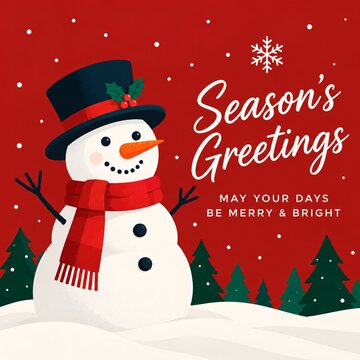 A happy cartoon snowman wearing a black hat and red scarf stands in the snowfall for a festive
